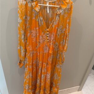 Anthropologie Orange Floral Long Sleeve Dress